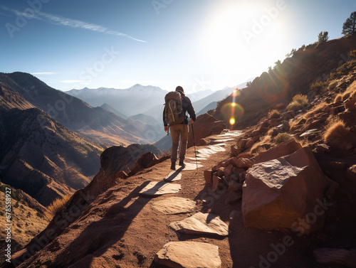 A hiker on a mountain trail, determined, natural outdoor lighting, scenic landscape shot