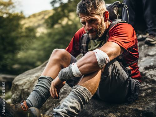 A hiker soothing their sprained ankle with a pet cohesive bandage on a mountain trail