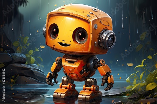 Cute robot walks in the rain. Illustration for children s book or poster for nursery