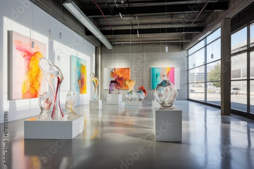 gallery within a concrete building showcasing glass art installations