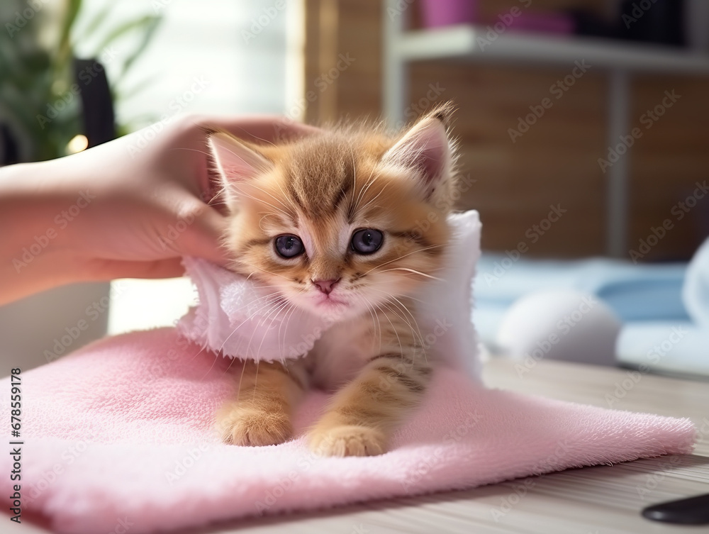 A pet groomer using the wipes on a contented kitten's face in a cozy grooming studio A pet groomer using the wipes on a contented kitten's face in a cozy grooming studio