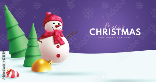 Merry christmas text vector design. Christmas and happy new year greeting card with snowman character in winter outdoor season background. Vector illustration holiday season greeting card.   © AmazeinDesign