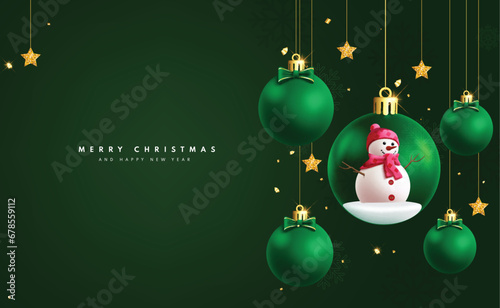 Christmas balls green vector design. Merry christmas and happy new year greeting text with green balls and snowman character hanging in elegant background. Vector illustration holiday season green 