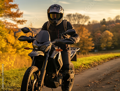 A motorcyclist cruising through scenic fall countryside, adventurous