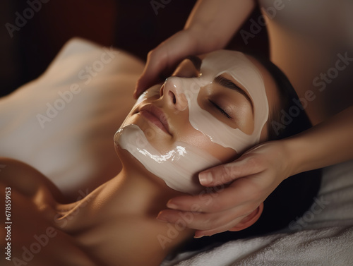  A nurse gently applies a cream face mask to a patient in a tranquil spa, relaxed