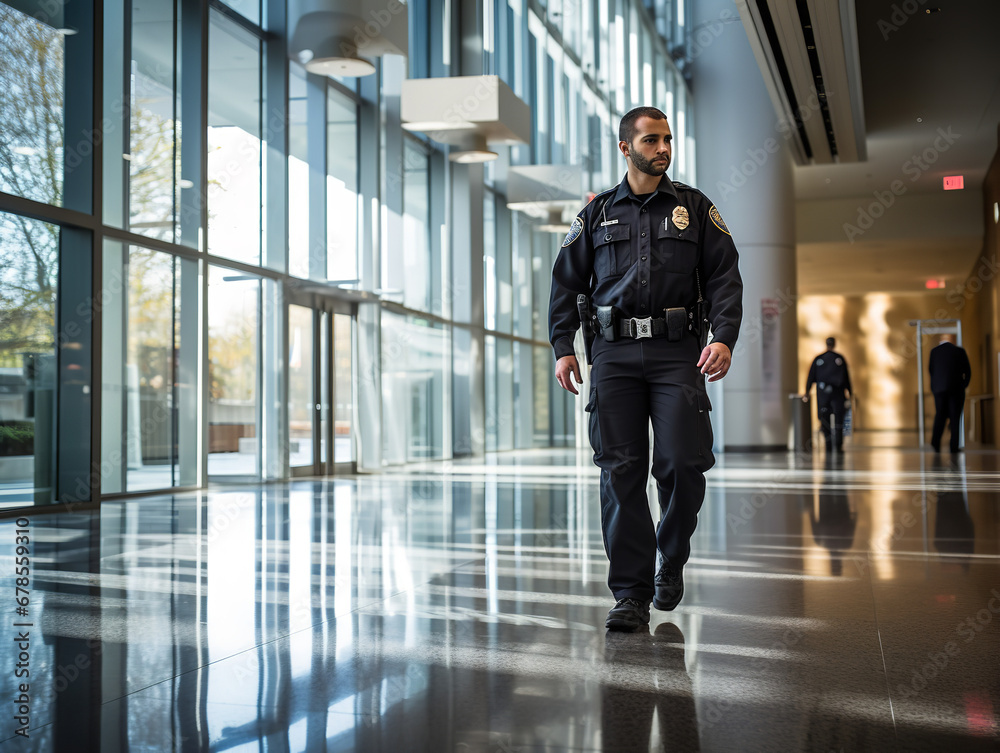 Photography, A security guard patrolling a corporate building, vigilant, office building interior