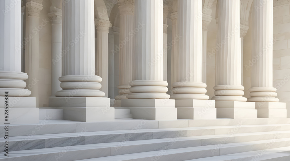 White marble stairs, colonnade, and stone columns of law building with classic, ancient architecture. Copy space for text, advertising, message, logo