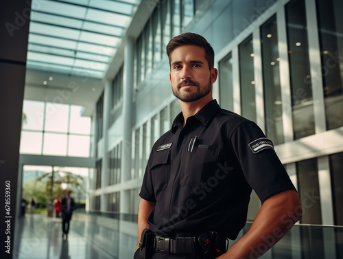 Photography, A security guard patrolling a corporate building, vigilant, office building interior