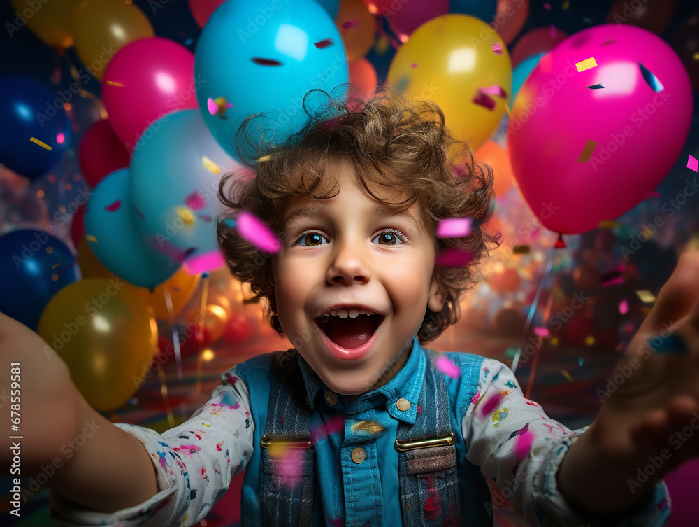 Photography, A young child happily at a colorful birthday party, excited, vibrant lighting Photography, A young child happily at a colorful birthday party, excited, vibrant lighting