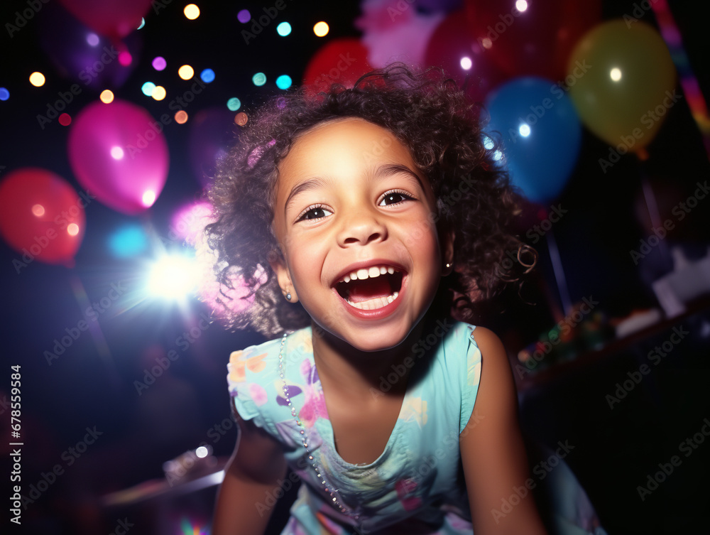 Photography, A young child happily at a colorful birthday party, excited, vibrant lighting Photography, A young child happily at a colorful birthday party, excited, vibrant lighting