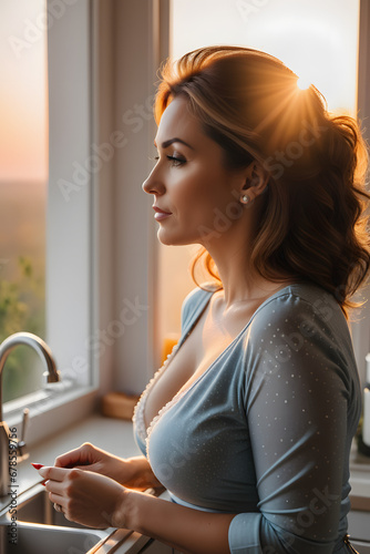 woman in the kitchen at sunset 