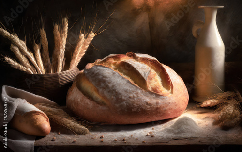 freshly baked bread in a rustic atmosphere, AI generated photo
