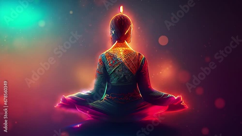 Experience tranquility with sound healing therapy: A woman silhouetted against a vibrant sunset, radiating cosmic energy, perfect for meditation and relaxation     generative Ai  photo
