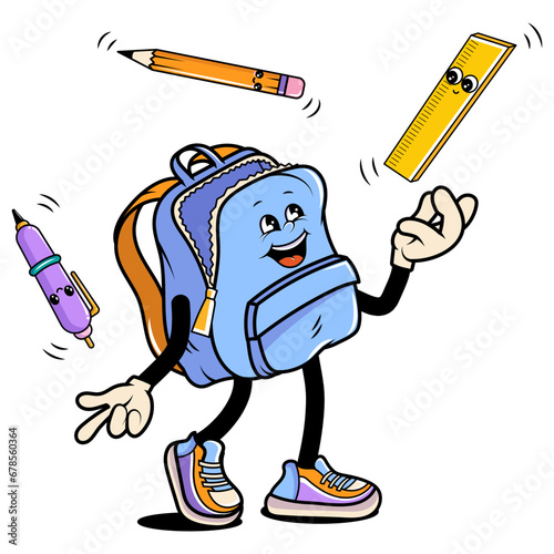 Backpack juggles, school cartoon stationery, educational creativity supplies.Back to school theme design. Isolated on transparent background. Back to school vector illustration