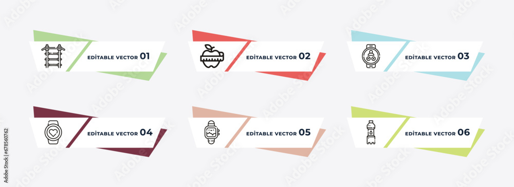 horizontal bar, fitness food, training apparatus, fitness watch, protein shake, hydratation outline icons. editable vector from gym and fitness concept.