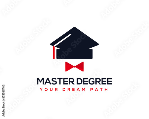 Master degree logo design template, Graduation cap with bow tie vector icon