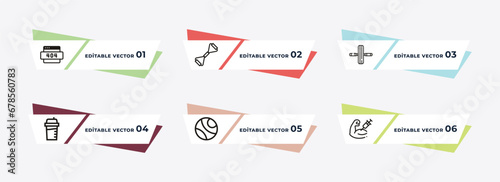 stretching leg exercise, sleep, fitness wheel, protein, gymnastic ball, standing punching ball outline icons. editable vector from gym and fitness concept.