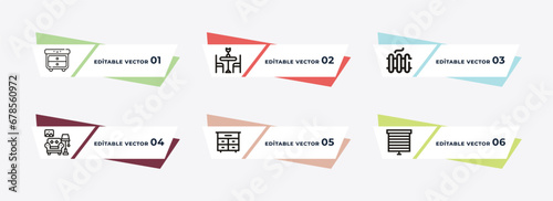 side table, dinner table, radiator, living room, chest, window coverings outline icons. editable vector from furniture & household concept.