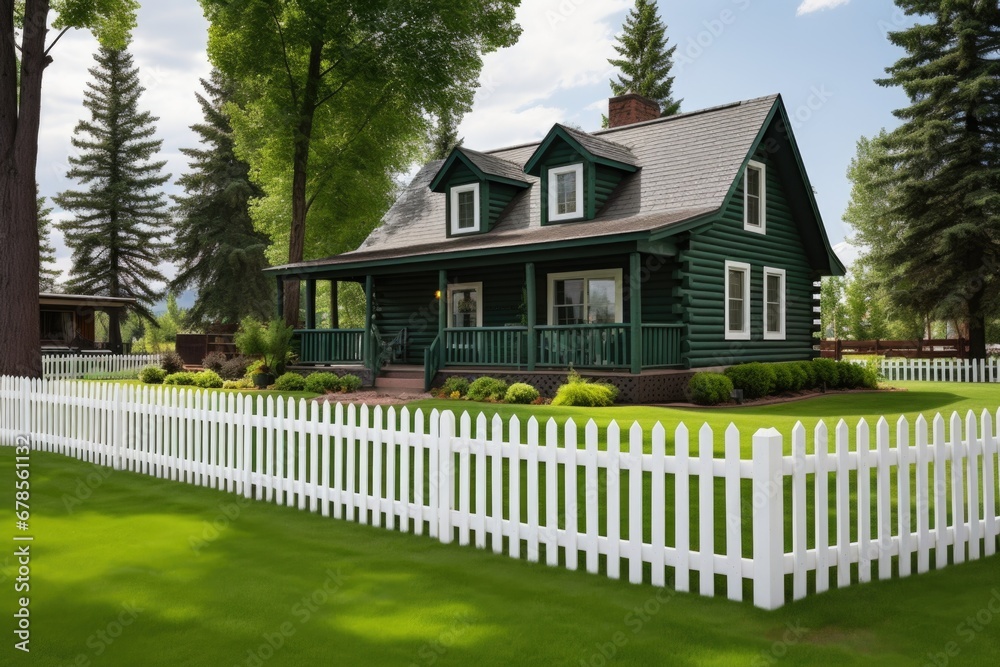 log cabin with a green lawn and white picket fence log cabin with a green lawn and white picket fence