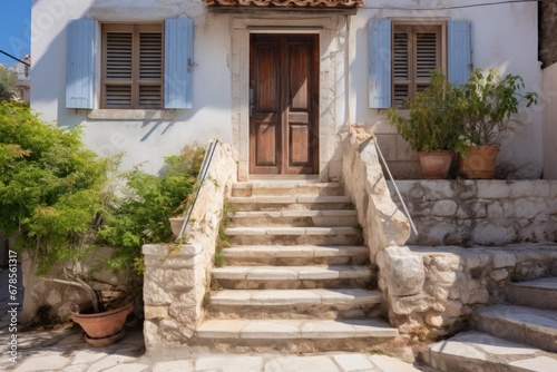 stone steps leading up to the front door of a mediterranean home with balcony