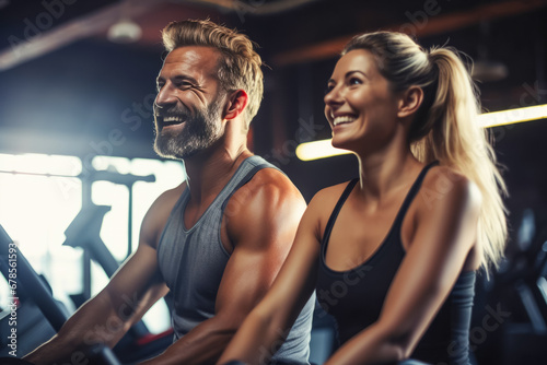 Portrait of a fit man and woman working on exercise bikes at the gym. Healthy lifestyle