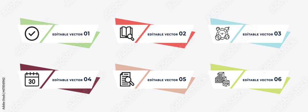 check mark, research with books, solar system, monthly calendar, searching files, creche outline icons. editable vector from education concept.