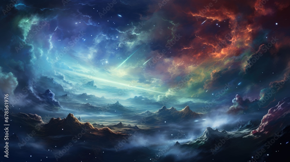Cosmic landscape with stars and nebulae from the peaks of the mountains on a fantastic planet