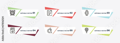 alarm clock, alphabet, uniform, eugene onegin, microscope, bouquet outline icons. editable vector from education concept.
