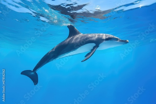 a dolphin jumping high above a clear blue tank