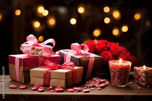 Gift boxes and hearts on wooden table. Valentine's Day background © Rudsaphon