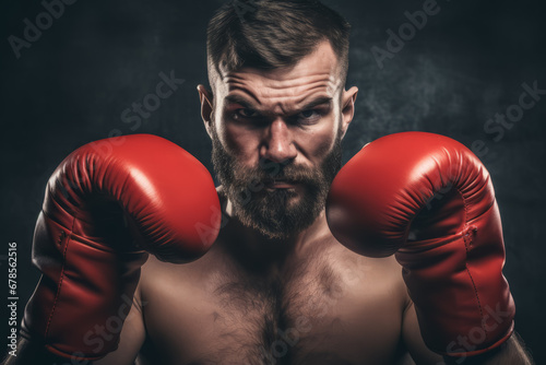 Boxer with an aggressive look in red boxing gloves before a fight against a black background © zamuruev