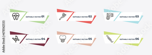 lingual braces, tooth cleaning, mint gum, dental chair, molar crown, periodontal scaler outline icons. editable vector from dentist concept.