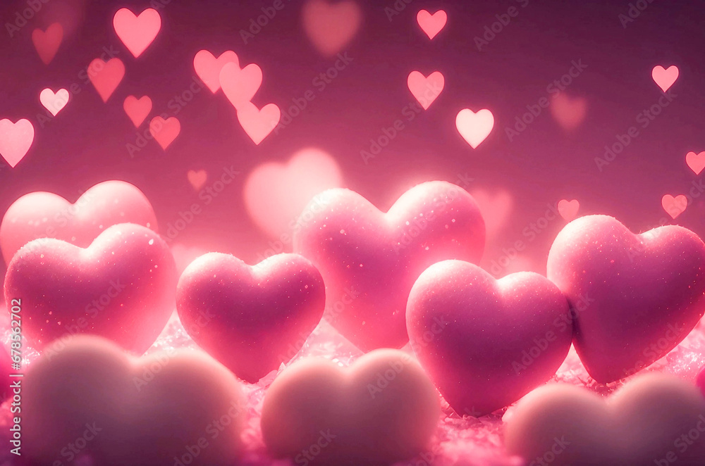 Small pink hearts, sparkling, shiny, glimmering, magic atmosphere, intensly detailed, bokeh. Gnerative AI