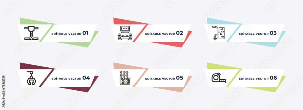 pickaxes drilling, interior de, trolley with cargo, derrick with boxes, constructions, five meters ruler outline icons. editable vector from construction concept.