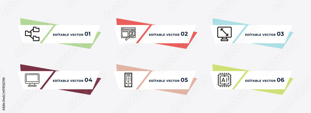 connected folder data, data analyser, tv screen, monitor screen, tv remote, computer micro chip outline icons. editable vector from computer concept.