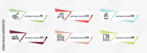 sweeping broom, home key, hex key, dump truck, brickwall, big clo outline icons. editable vector from construction concept.