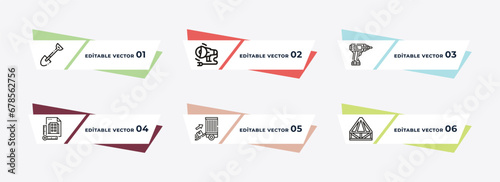 inclined picker, grinder, electric drill, construction plan, truck with freight, joist outline icons. editable vector from construction concept.