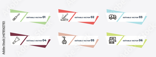 screwdrivers, chisel, fuel truck, scraper, derrick with box, derrick with ball outline icons. editable vector from construction concept.