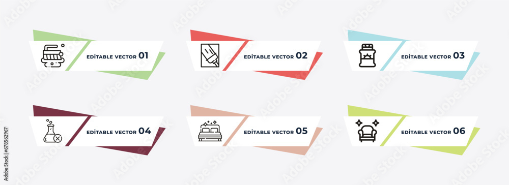 scrub brush, glass cleaner, emulsion, preservatives, clean, clean room outline icons. editable vector from cleaning concept.