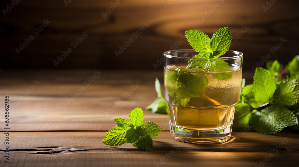 Cup of tea with mint leaves on wooden table, close up view Cup of tea with mint leaves on wooden table, close up view
