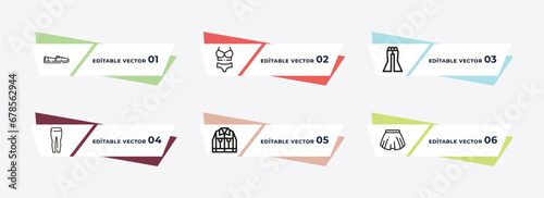 slit skirt, denim shirt, leather shoes, chiffon dress, men hat, hobo bag outline icons. editable vector from clothes concept.