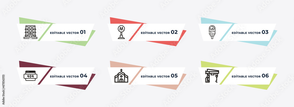 apartment, subway, parking meter, lightbox, church, tower crane outline icons. editable vector from city elements concept.