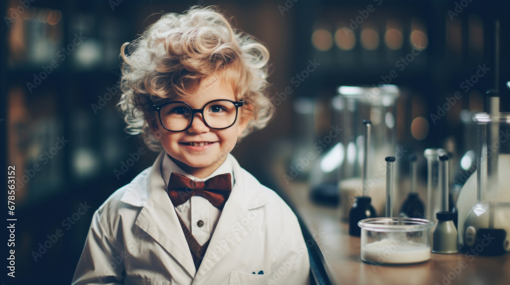 Cute little boy as scientist in a laboratory, portrait - obrazy, fototapety, plakaty 