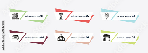 apartment, subway, parking meter, lightbox, church, tower crane outline icons. editable vector from city elements concept.