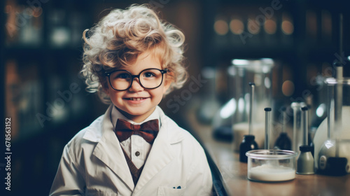 Cute little boy as scientist in a laboratory, portrait photo