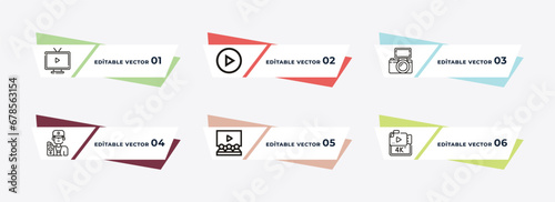 take away drink, big play button, dslr camera, cameraman, parental guidance, 4k outline icons. editable vector from cinema concept.