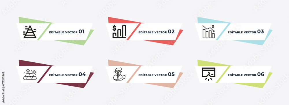stats pyramid, marketing chart, loss chart, ingot, man succesing, broken credit card outline icons. editable vector from business concept.