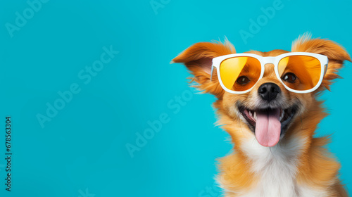 Cute dog with sunglasses is looking at the camera