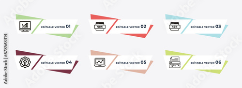 bars graphic on screen, department head, gadget, production, laptop with analysis, shredder outline icons. editable vector from business and analytics concept.