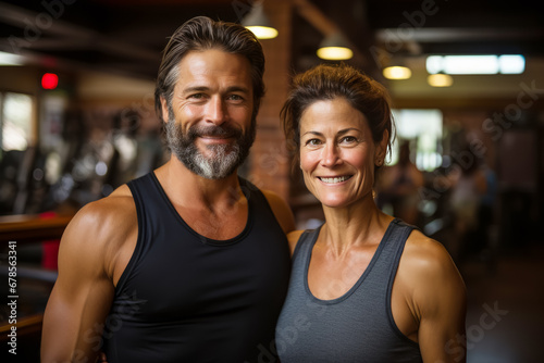 middle age couple fitness man and woman in sportswear standing in gym club. healthy lifestyle photo